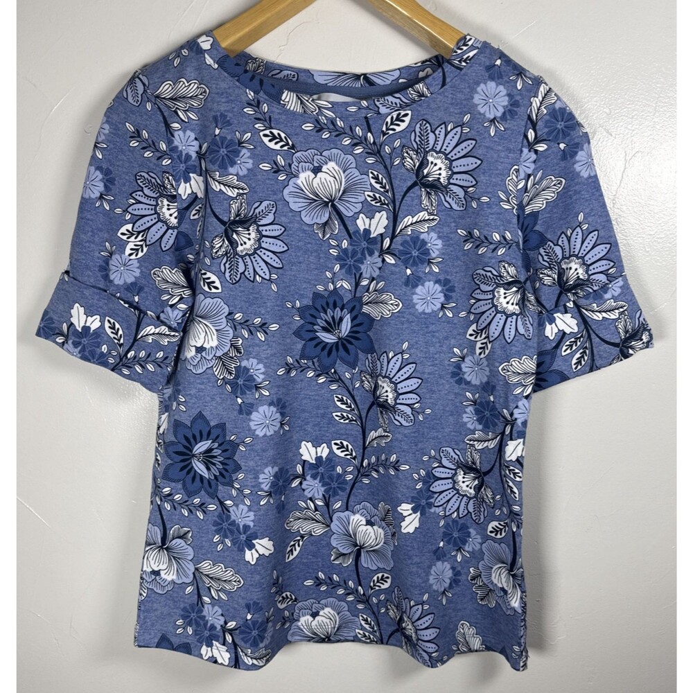 Liz Claiborne Blue Floral Short Sleeve Top Cotton Women's Size XS NWT